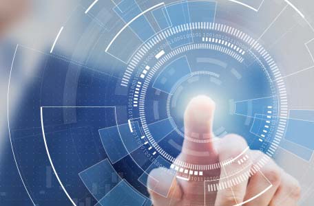 Technology abstract background with person hand touching complex circular diagram on virtual screen with copy-space, innovation, network, big data and internet concept